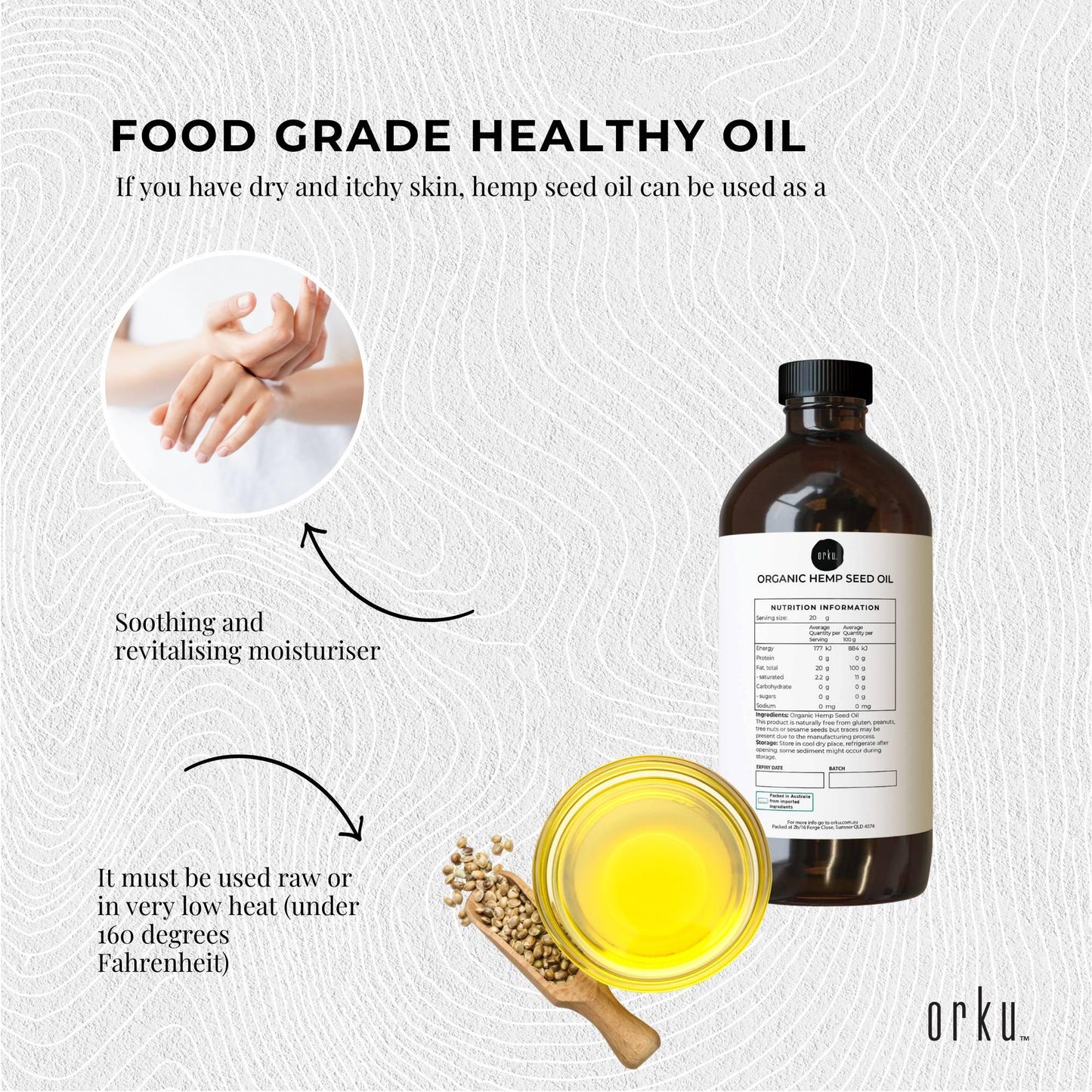 Orku 500ml Organic Hemp Seed Oil - Cold Pressed Food Grade Oils.