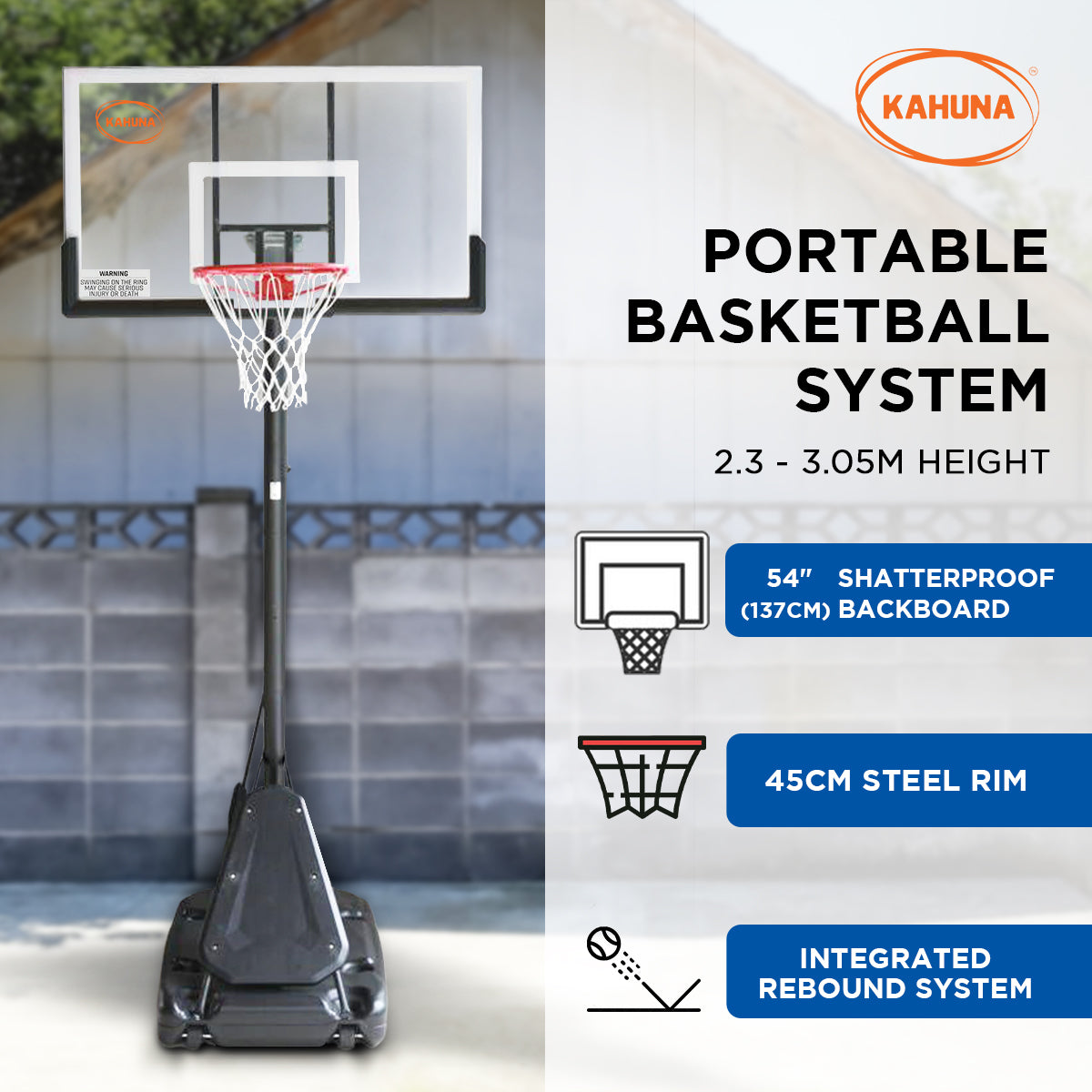 Kahuna Portable Basketball Hoop System 2.3 to 3.05m for Kids & Adults.