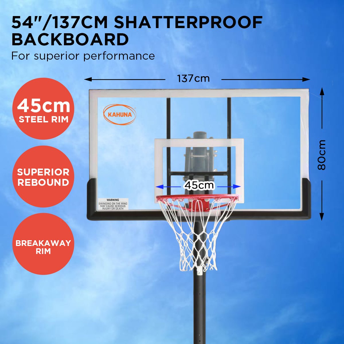 Kahuna Portable Basketball Hoop System 2.3 to 3.05m for Kids & Adults.