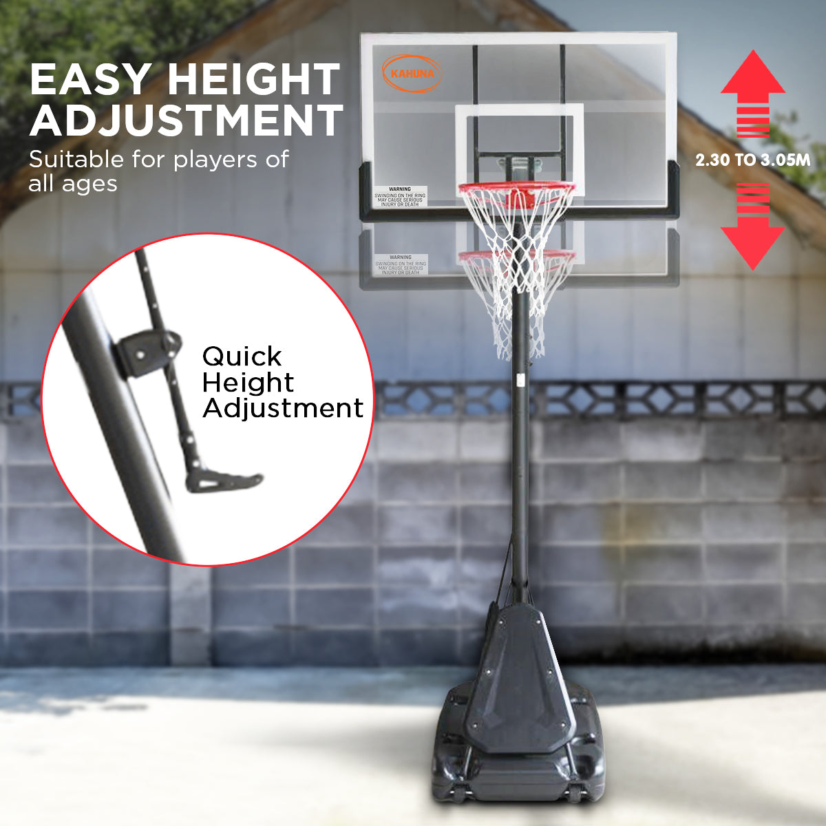 Kahuna Portable Basketball Hoop System 2.3 to 3.05m for Kids & Adults.