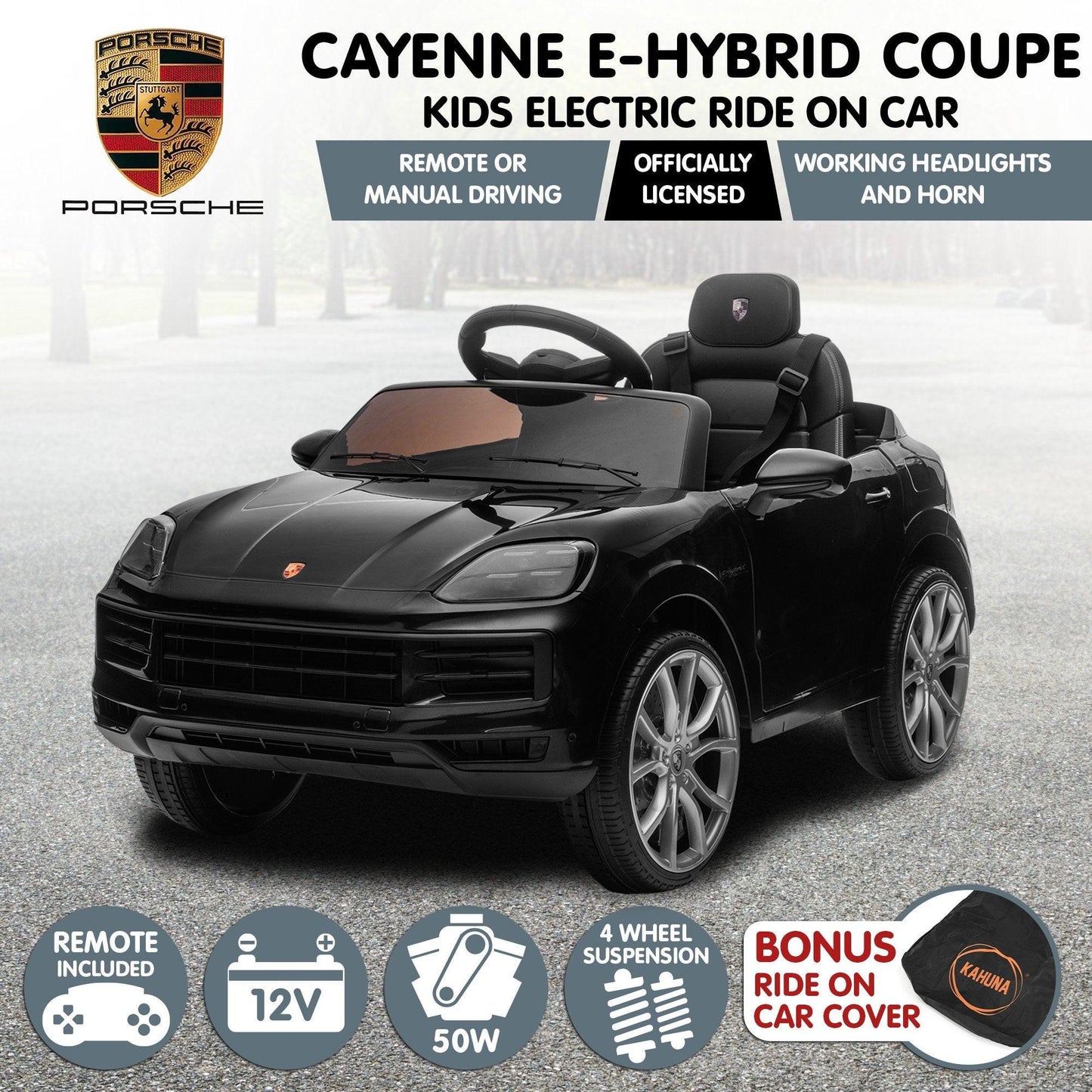 Kahuna Porsche Cayenne E Hybrid Coupe Licensed Kids Electric Ride On Car w/Remote Control 50W Dual Motors Speed Settings.