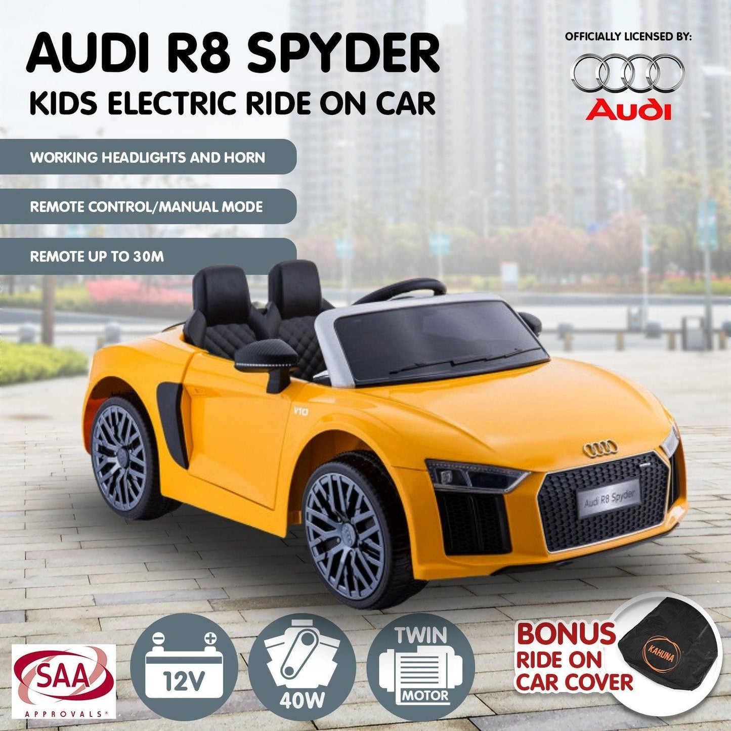 Kahuna R8 Spyder Audi Licensed Kids Electric Ride On Car Remote Control - Yellow.