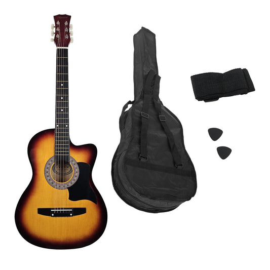 Karrera 38in Acoustic Guitar Steel Strings Carry Bag Shoulder Strap Sun Burst.