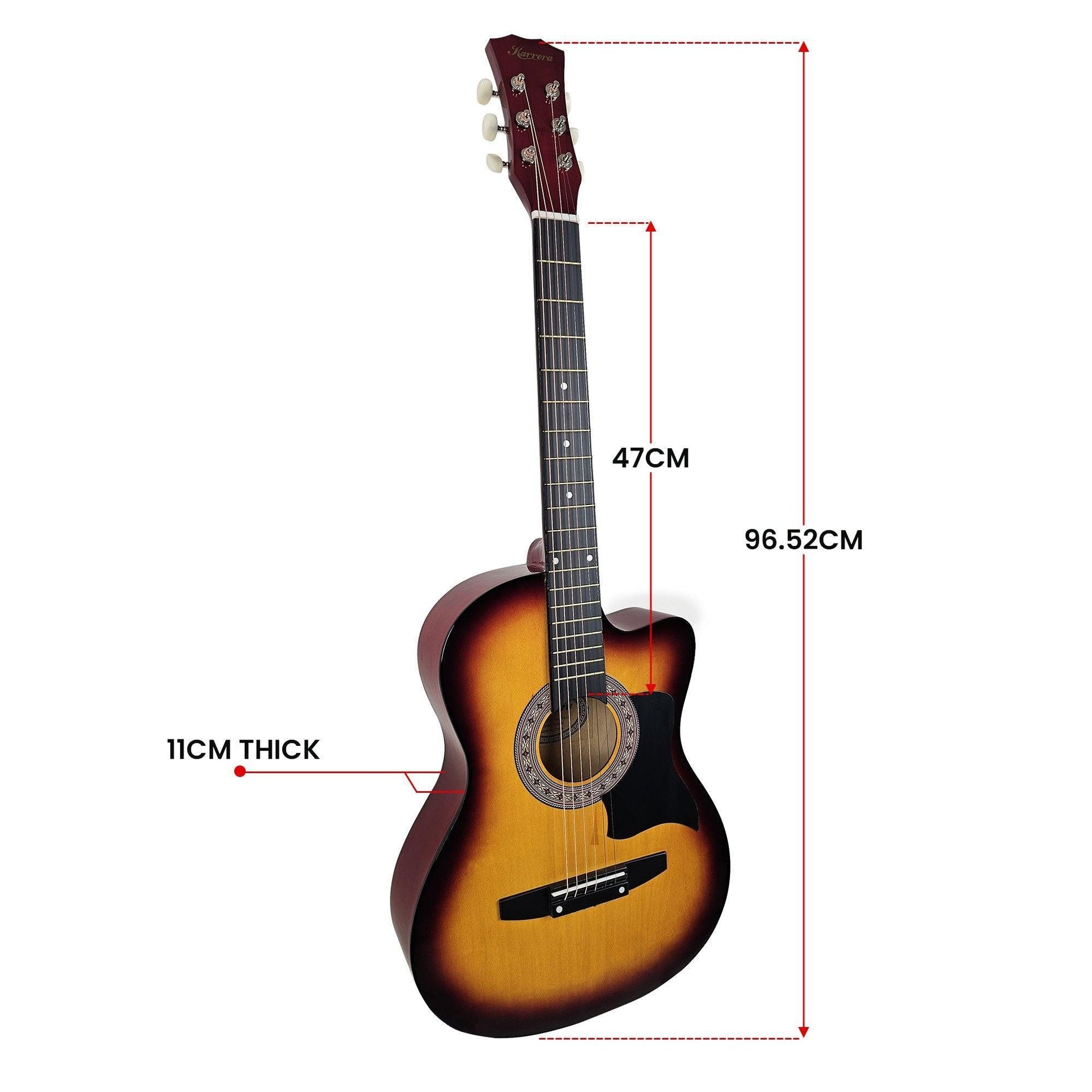 Karrera 38in Acoustic Guitar Steel Strings Carry Bag Shoulder Strap Sun Burst.