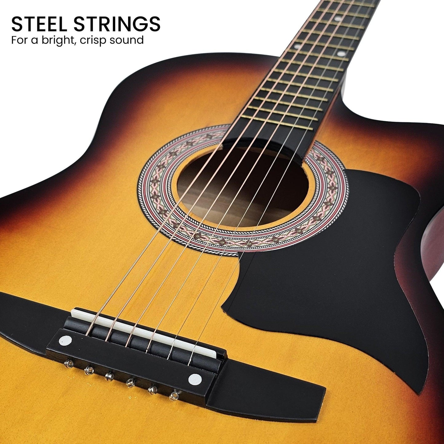 Karrera 38in Acoustic Guitar Steel Strings Carry Bag Shoulder Strap Sun Burst.