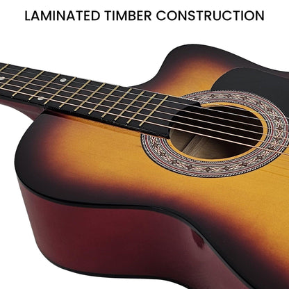 Karrera 38in Acoustic Guitar Steel Strings Carry Bag Shoulder Strap Sun Burst.