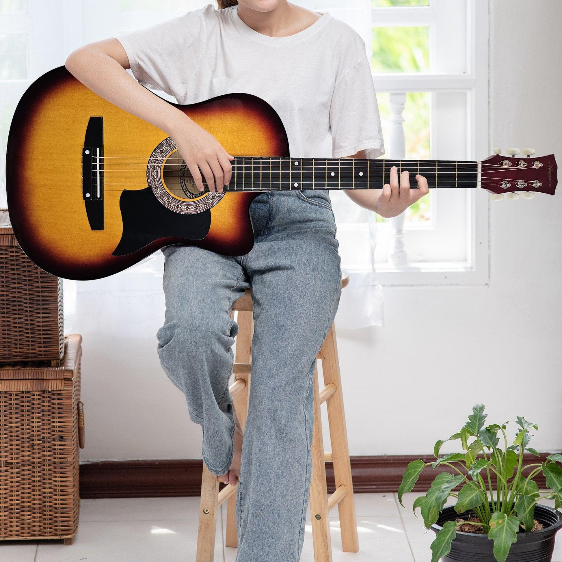 Karrera 38in Acoustic Guitar Steel Strings Carry Bag Shoulder Strap Sun Burst.
