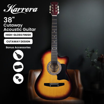Karrera 38in Acoustic Guitar Steel Strings Carry Bag Shoulder Strap Sun Burst.