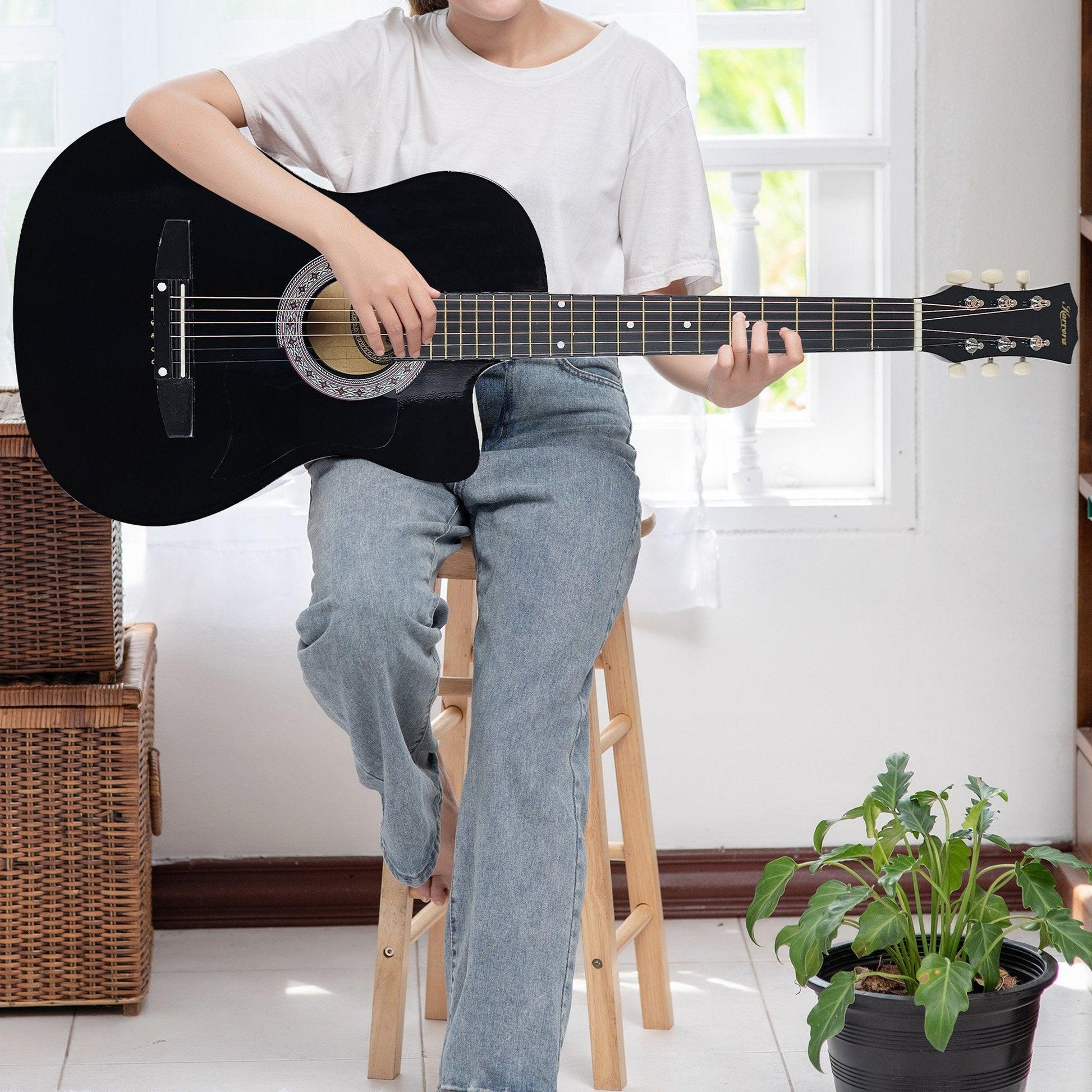 Karrera 38in Cutaway Acoustic Guitar with guitar bag - Black.