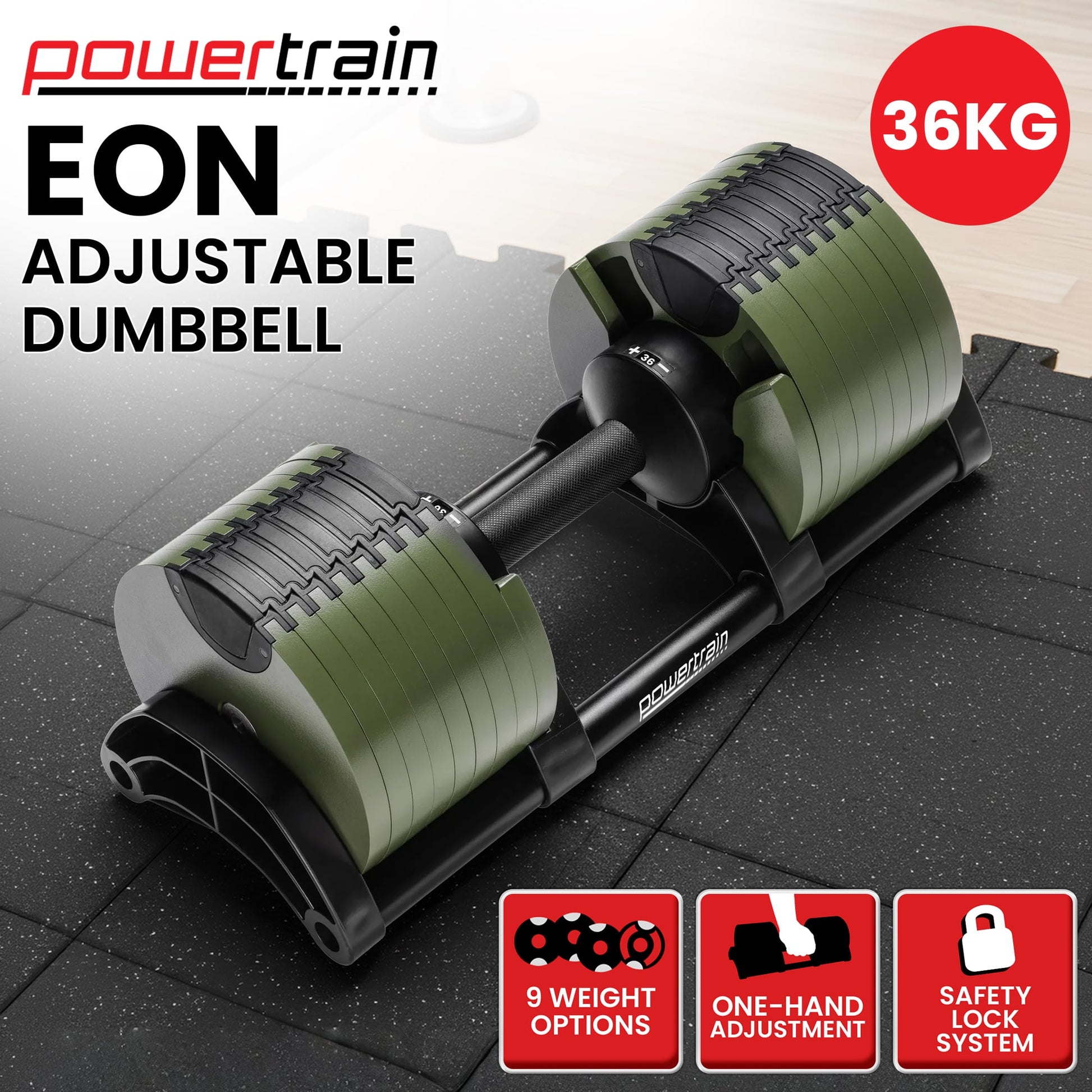 Powertrain Eon Dial-Up 36KG Adjustable Dumbbell - Green.