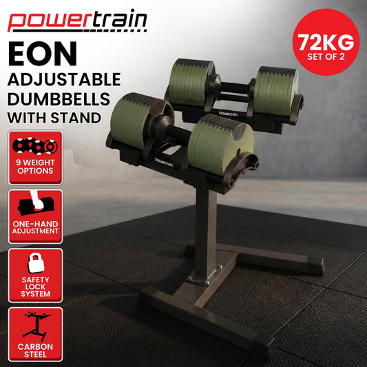 Powertrain Eon Dial-Up 72KG Adjustable Dumbbells Pair with Stand  - Green.