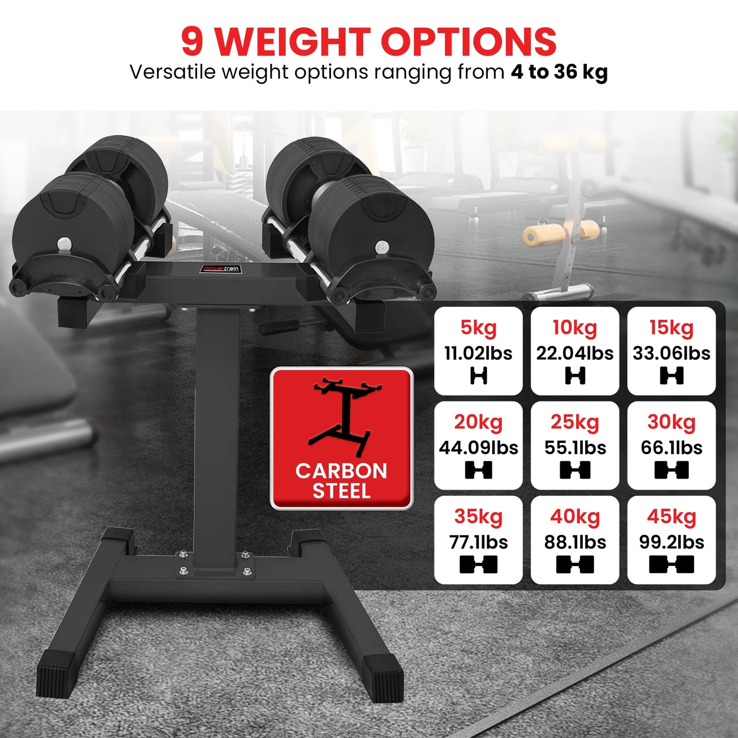 Powertrain Eon 2 X 45kg Adjustable Dumbbells W/ Stand Heavy-duty Storage Rack Home Gym 9 Strength Training Equipment.