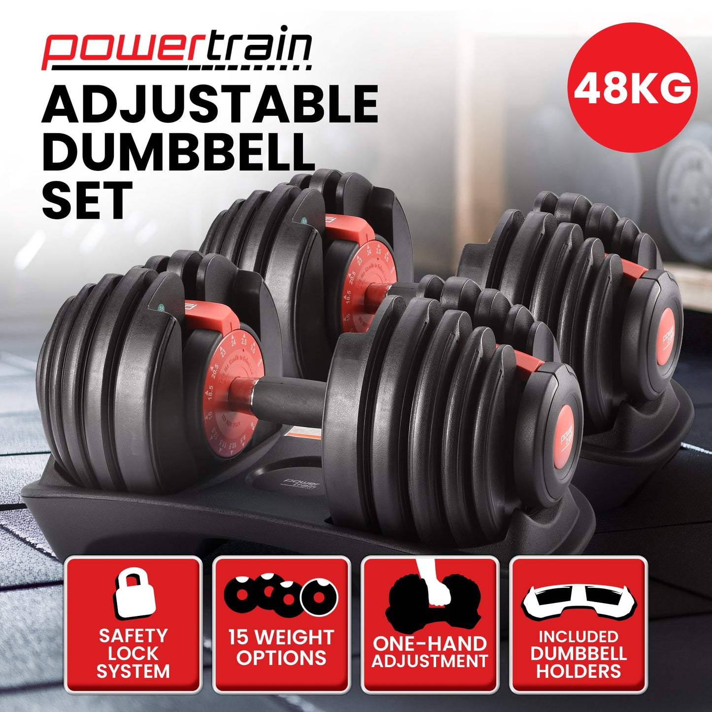 Powertrain 48kg Adjustable Dumbbells 15-in-1 Home Gym Weights â Red.