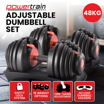 Powertrain 48kg Adjustable Dumbbells 15-in-1 Home Gym Weights â Red.
