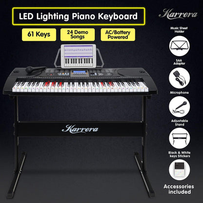Karrera 61 Keys Electronic LED Keyboard Piano with Stand - Black.