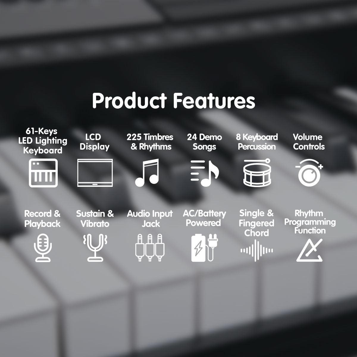 Karrera 61 Keys Electronic LED Keyboard Piano with Stand - Black.