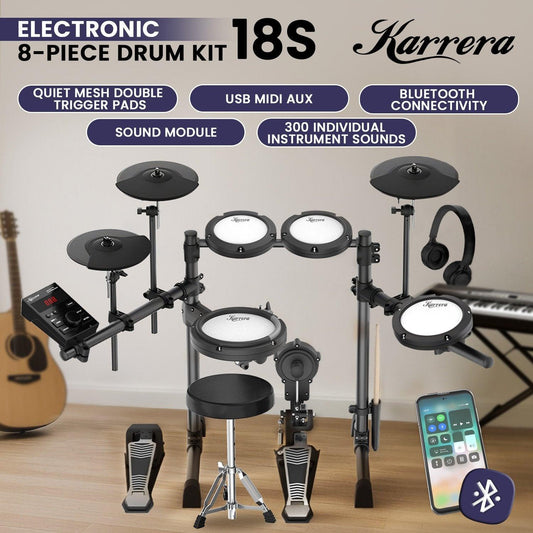 Karrera 18S Electronic Drum Kit Mesh Pads 8in Snare Bluetooth Sounds USB/MIDI Output Kick Pedals Drum Coach & Metronome.