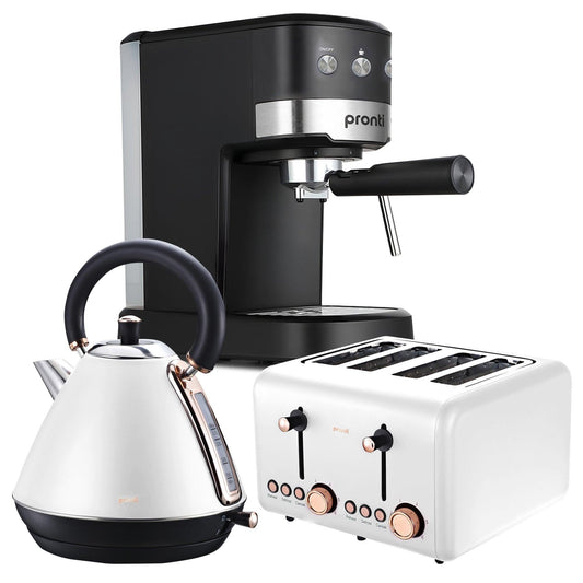 Pronti Breakfast Set with Rose Gold Kettle & Toaster with 1.2L Espresso Machine - White.