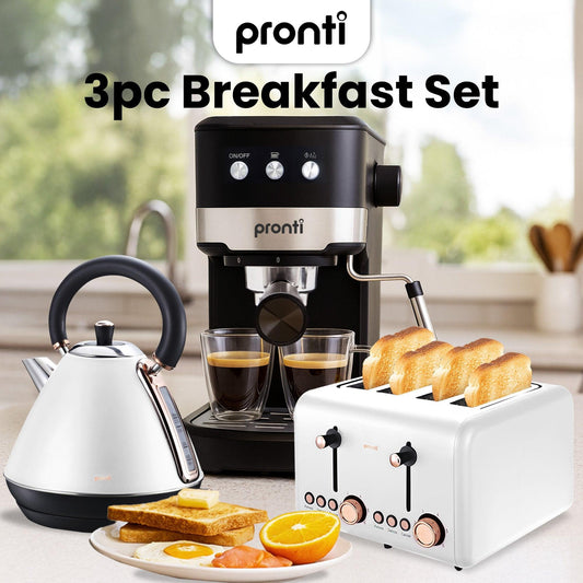 Pronti Breakfast Set with Rose Gold Kettle & Toaster with 1.2L Espresso Machine - White.