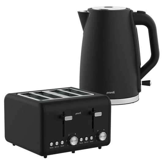 Pronti Silver Noir Collection 4 Slice Toaster and Kettle Bundle.