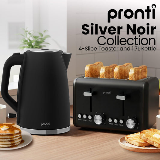 Pronti Silver Noir Collection 4 Slice Toaster and Kettle Bundle.