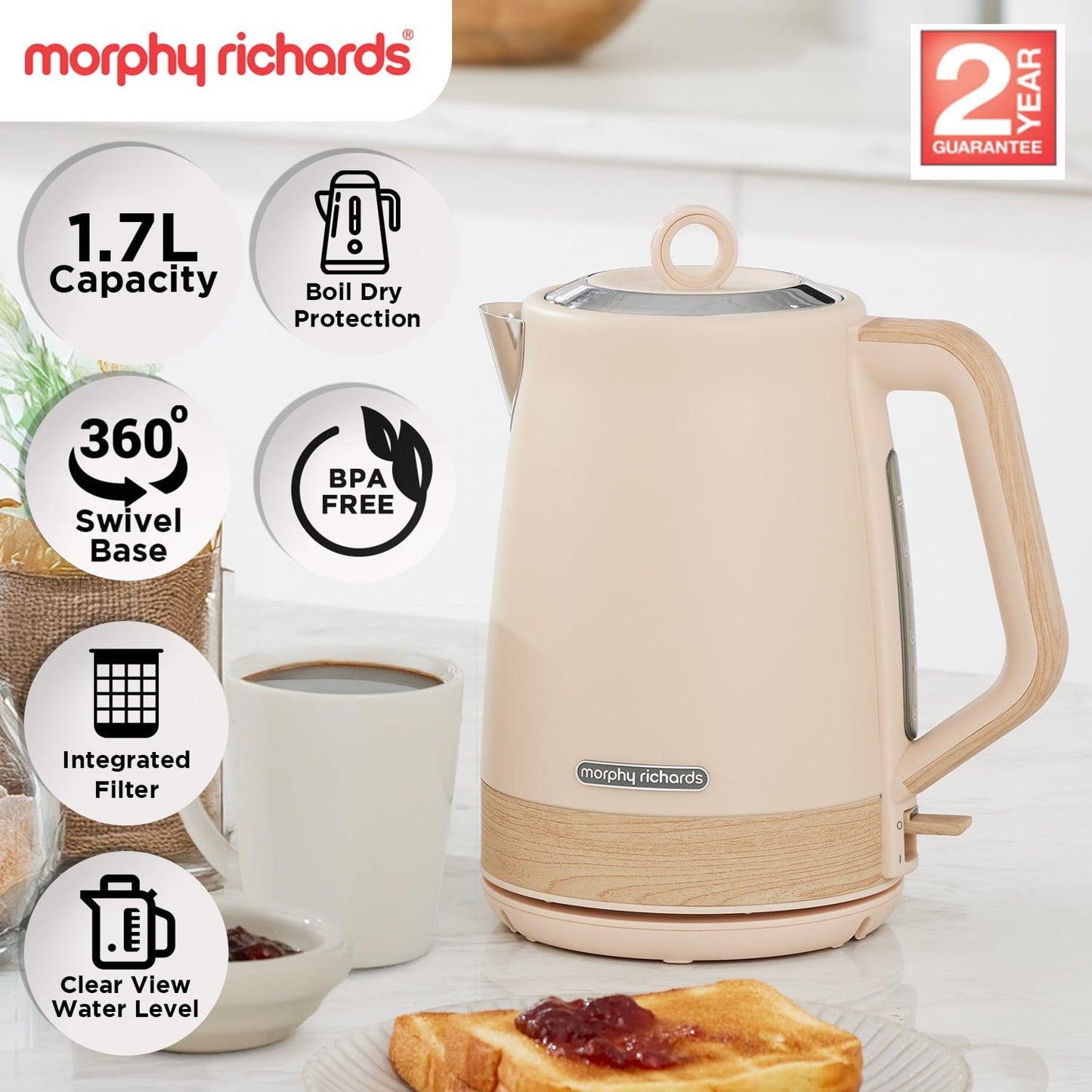 Morphy Richards 1.7L Electric Kettle Essence Scandi Swivel Base Boil-Dry Protection.