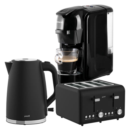 Pronti Breakfast Set with HomeMaid Coffee Machine, Silver Noir Toaster & Kettle.