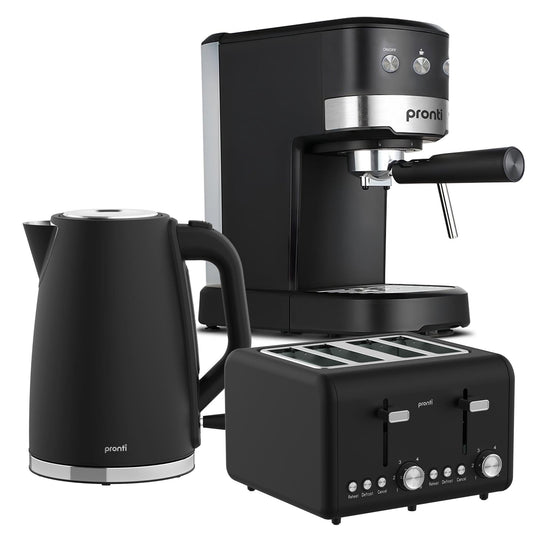 Pronti Breakfast Set with 1.25L Coffee Machine, Silver Noir Toaster & Kettle.
