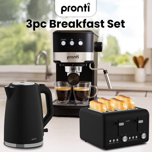 Pronti Breakfast Set with 1.25L Coffee Machine, Silver Noir Toaster & Kettle.