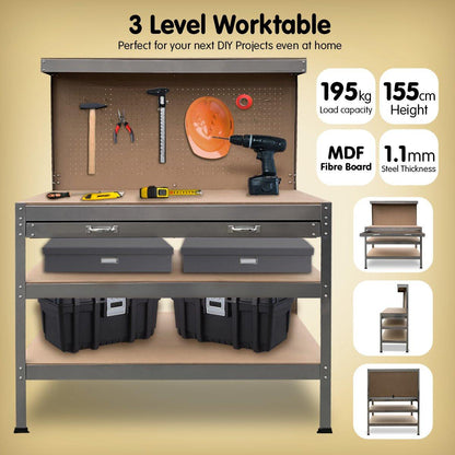 Kartrite 3-layered Work Bench Garage Storage Table Tool Shop Shelf Silver.