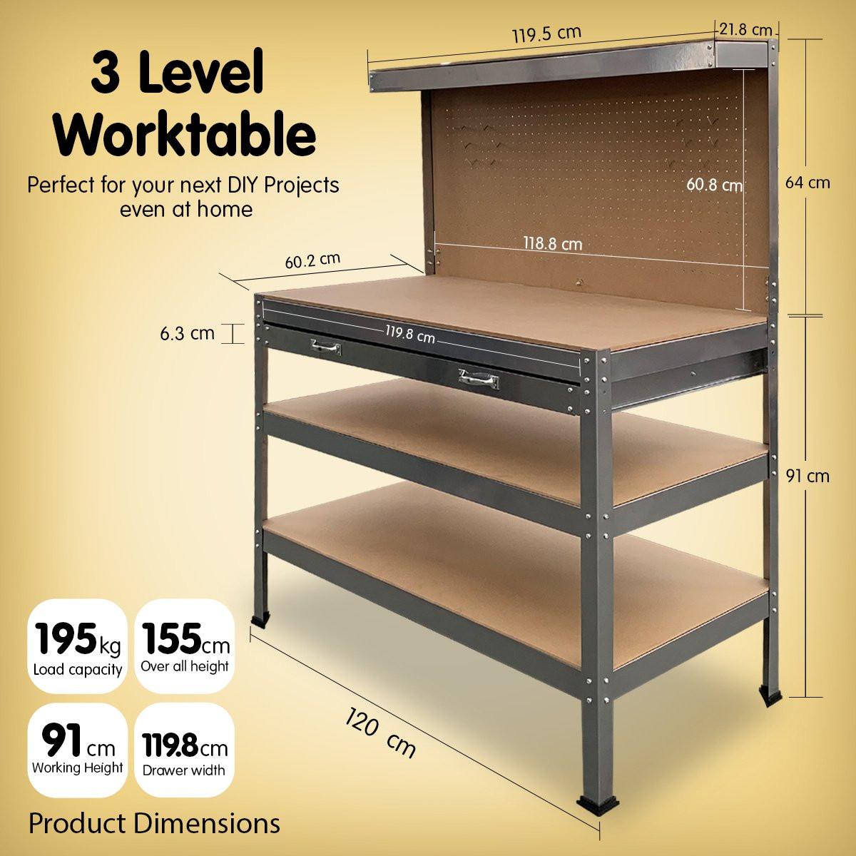 Kartrite 3-layered Work Bench Garage Storage Table Tool Shop Shelf Silver.