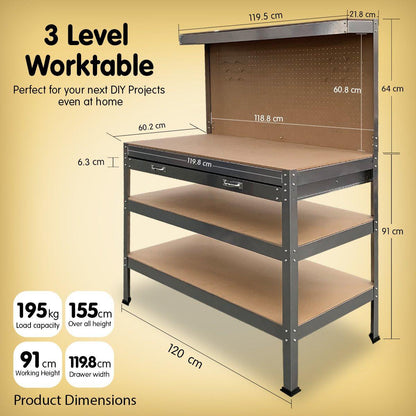Kartrite 3-layered Work Bench Garage Storage Table Tool Shop Shelf Silver.