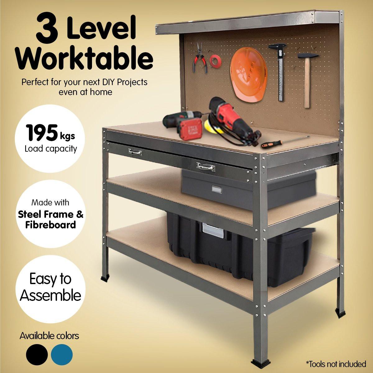 Kartrite 3-layered Work Bench Garage Storage Table Tool Shop Shelf Silver.