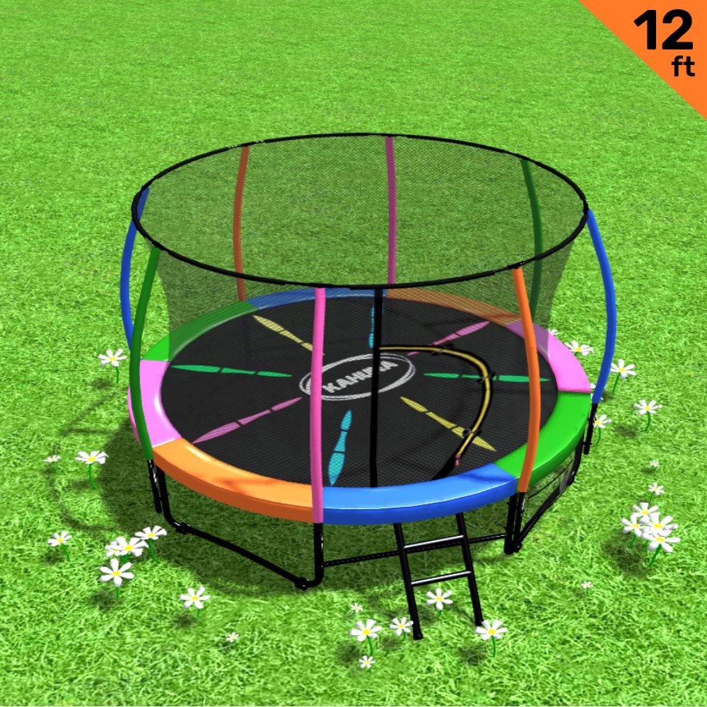 Kahuna 12ft Trampoline Free Ladder Spring Mat Net Safety Pad Cover Round Enclosure - Rainbow.