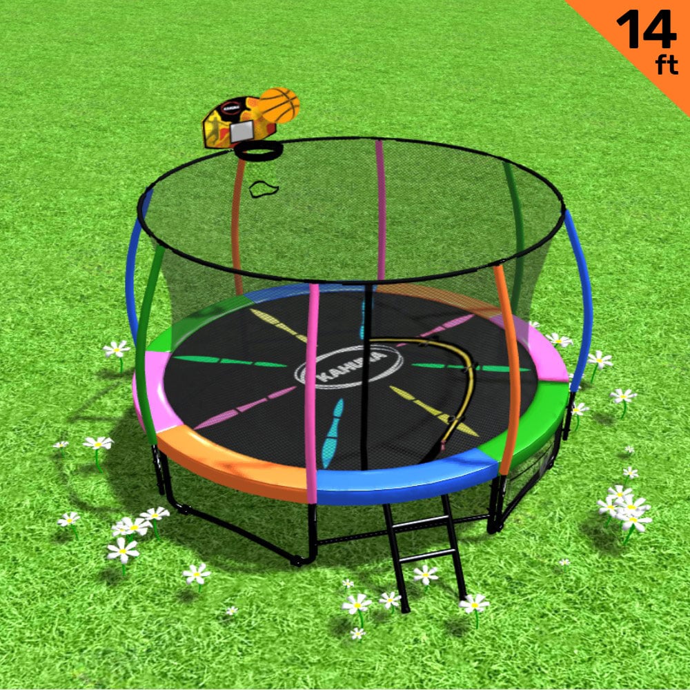 Kahuna 14ft Outdoor Trampoline Kids Children With Safety Enclosure Pad Mat Ladder Basketball Hoop Set - Rainbow.