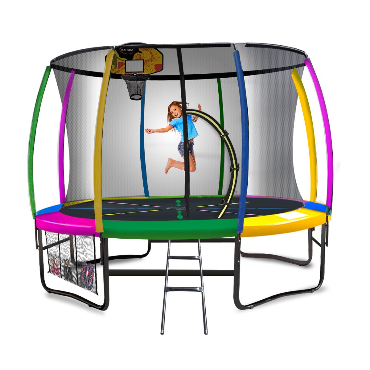 Kahuna 14ft Outdoor Trampoline Kids Children With Safety Enclosure Pad Mat Ladder Basketball Hoop Set - Rainbow.