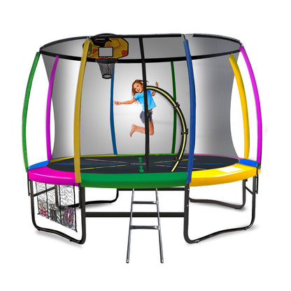 Kahuna 14ft Outdoor Trampoline Kids Children With Safety Enclosure Pad Mat Ladder Basketball Hoop Set - Rainbow.