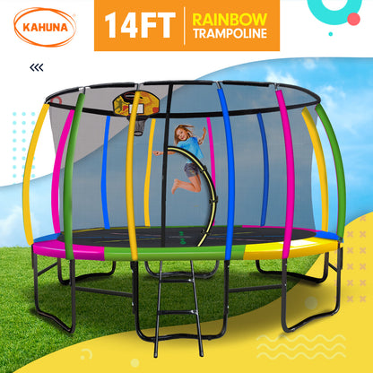 Kahuna 14ft Outdoor Trampoline Kids Children With Safety Enclosure Pad Mat Ladder Basketball Hoop Set - Rainbow.