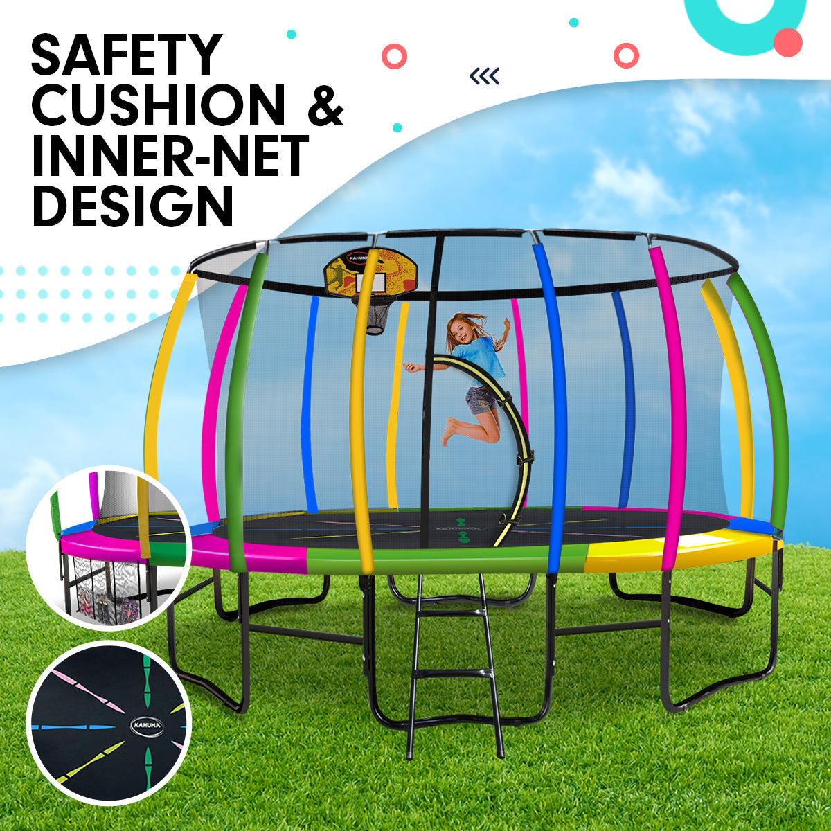 Kahuna 14ft Outdoor Trampoline Kids Children With Safety Enclosure Pad Mat Ladder Basketball Hoop Set - Rainbow.