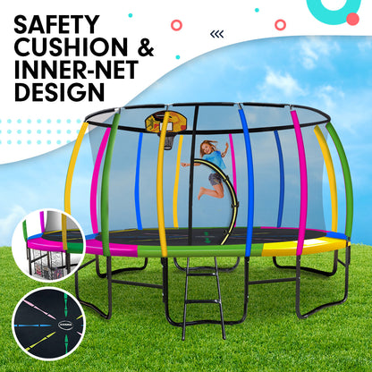 Kahuna 14ft Outdoor Trampoline Kids Children With Safety Enclosure Pad Mat Ladder Basketball Hoop Set - Rainbow.