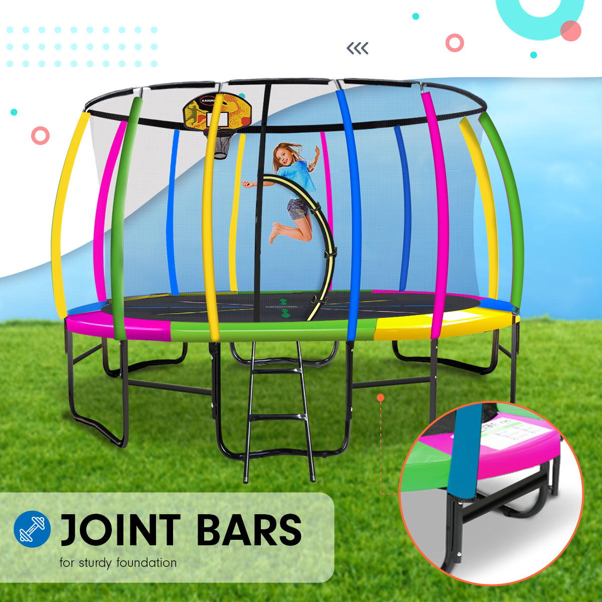 Kahuna 14ft Outdoor Trampoline Kids Children With Safety Enclosure Pad Mat Ladder Basketball Hoop Set - Rainbow.