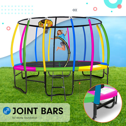 Kahuna 14ft Outdoor Trampoline Kids Children With Safety Enclosure Pad Mat Ladder Basketball Hoop Set - Rainbow.