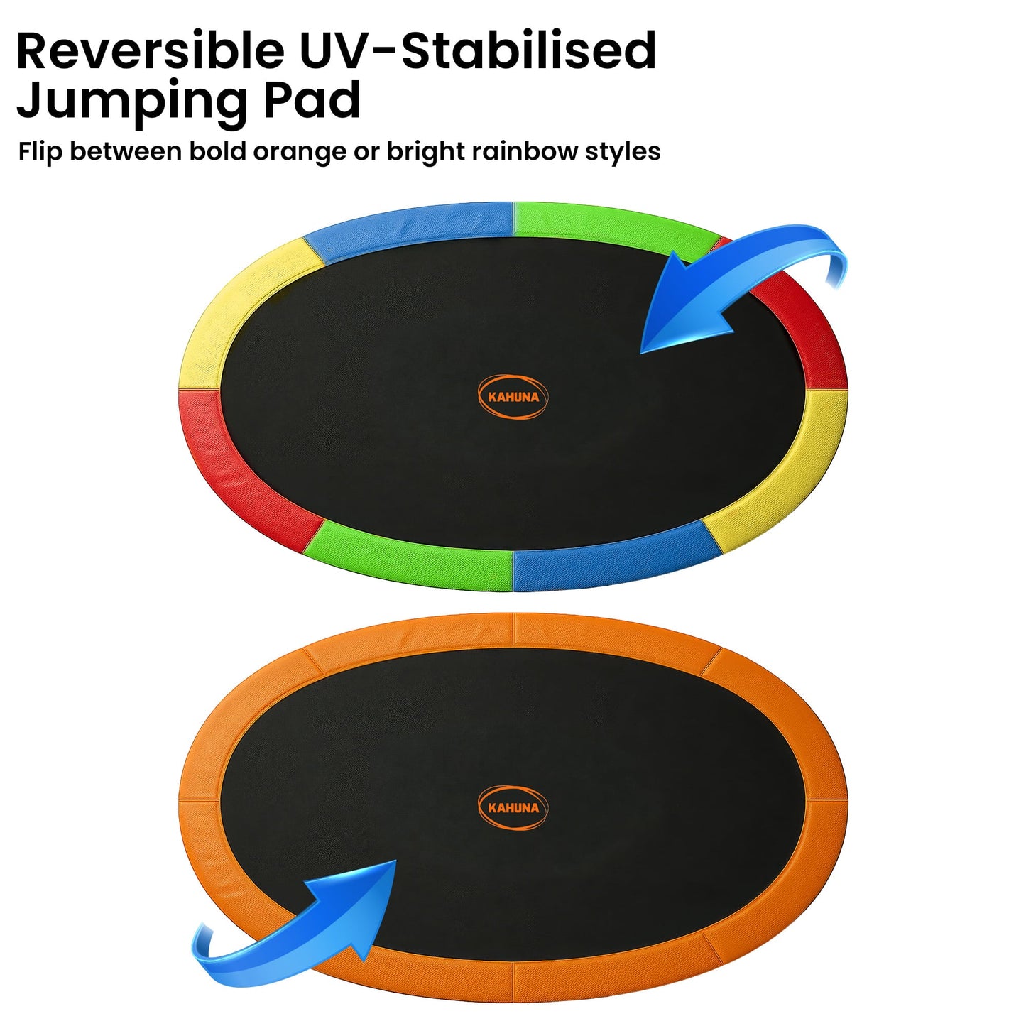 Kahuna 10 ft x 15 ft Oval Outdoor Trampoline w/ Basketball Set Reversible Rainbow & Orange Safety Pad Safety Net Ladder
