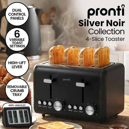 Pronti Silver Noir Collection 4 Slice Toaster with Dual Controls.