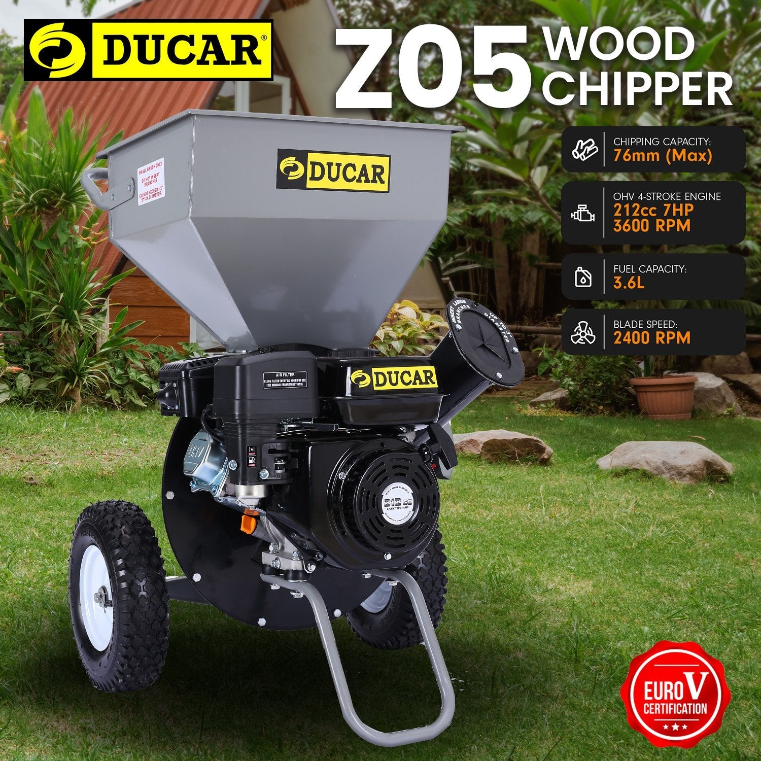 Ducar Wood Chipper Shredder Mulcher Garden 8hp Petrol Motor Upright Grinder - Silver.