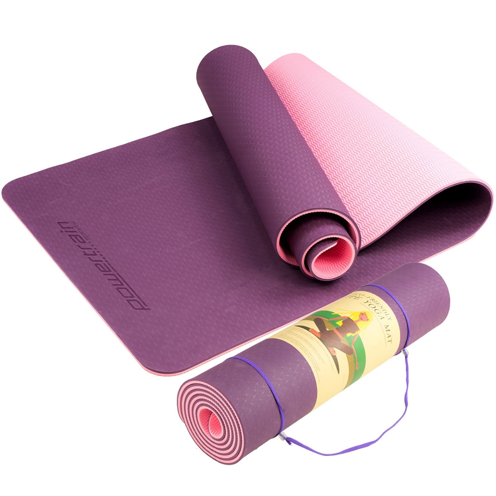 Powertrain TPE Yoga Exercise Mat Home Gym Pilates Fitness 8mm Thick in Dark Purple.