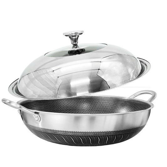 Double Ear 304 Stainless Steel 38cm Non-Stick Stir Fry Cooking Kitchen Wok Pan with Lid Honeycomb Double Sided.