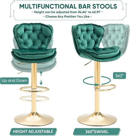 SERENITà Swivel Bar Stools Set of 2 Counter Height Barstools with Back Velvet Upholstered Adjustable Stool Chair Min Century Modern Bar Stool for Kitchen Island (Emerald Green)