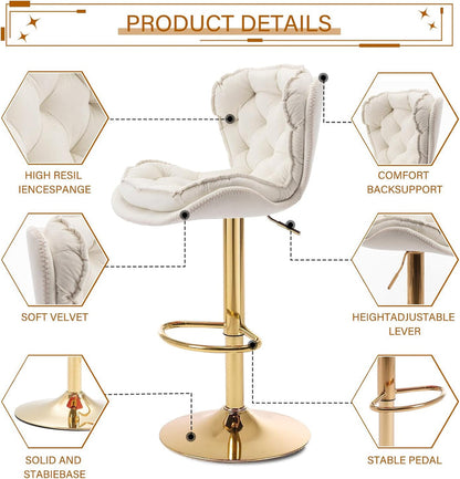 SERENITà Swivel Bar Stools Set of 2 Counter Height Barstools with Back Velvet Upholstered Adjustable Stool Chair Min Century Modern Bar Stool for Kitchen Island (Ivory)