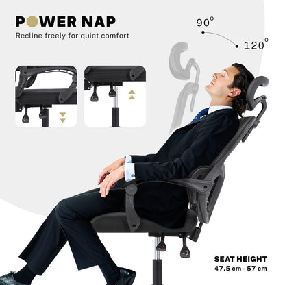 Ergonomic Reclining Office Chair - Lumbar Support, Adjustable Headrest VELTRA - BLACK